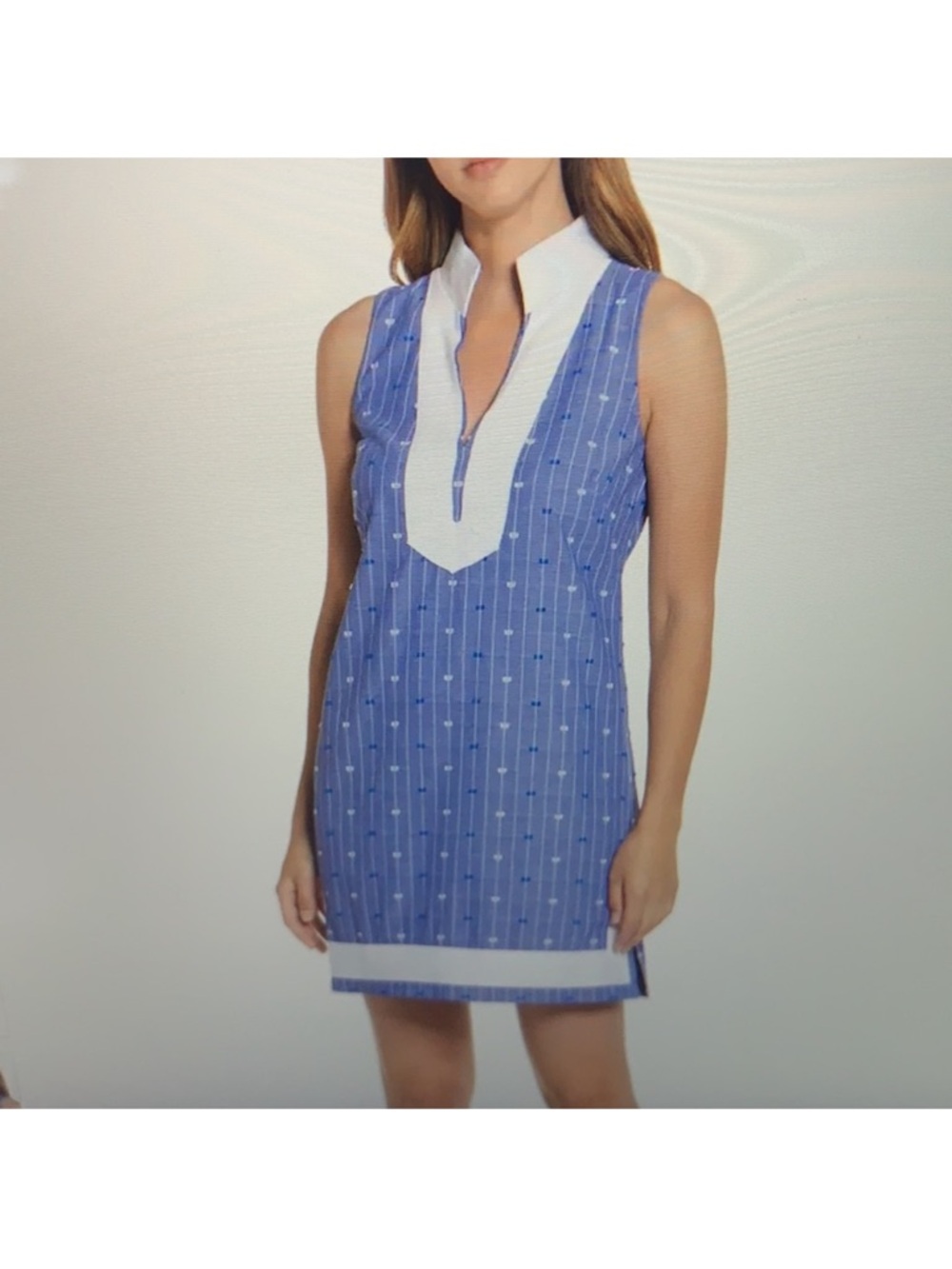 ELIZA J Blue and White Mandarin Collar Striped Sleeveless Shift Dress Size 4 NWT